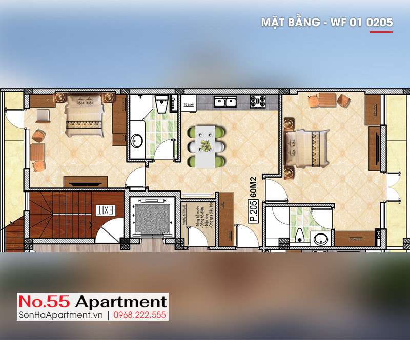 Mặt bằng bố trí công năng căn hộ 2 phòng ngủ cho thuê tại khu đô thị Waterfront City quận Lê Chân TP Hải Phòng WF 01 0205