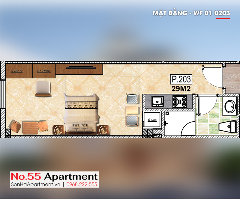 Mặt bằng bố trí công năng căn hộ mini cho thuê tại khu đô thị Waterfront City quận Lê Chân tp Hải Phòng WF 01 0203